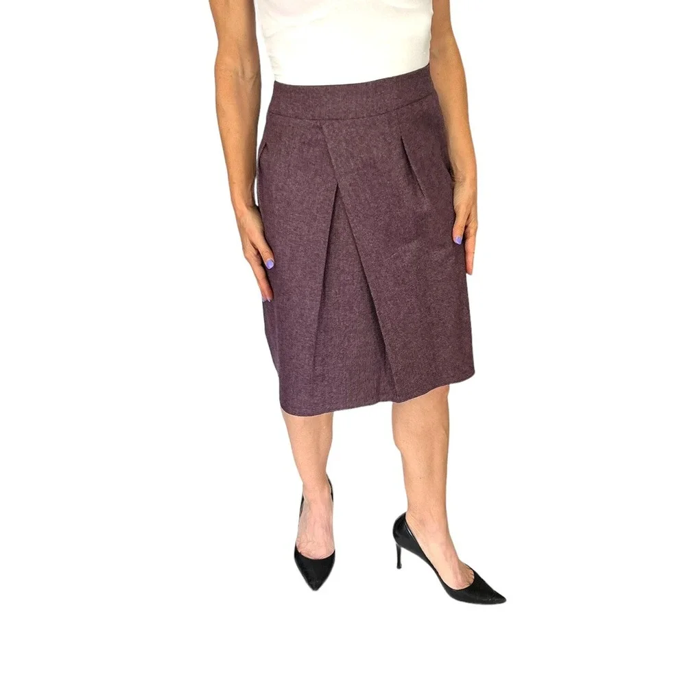 ETRO Wool Check Plum Purple Straight Skirt Front Cross Pleat sz 42 12 Large